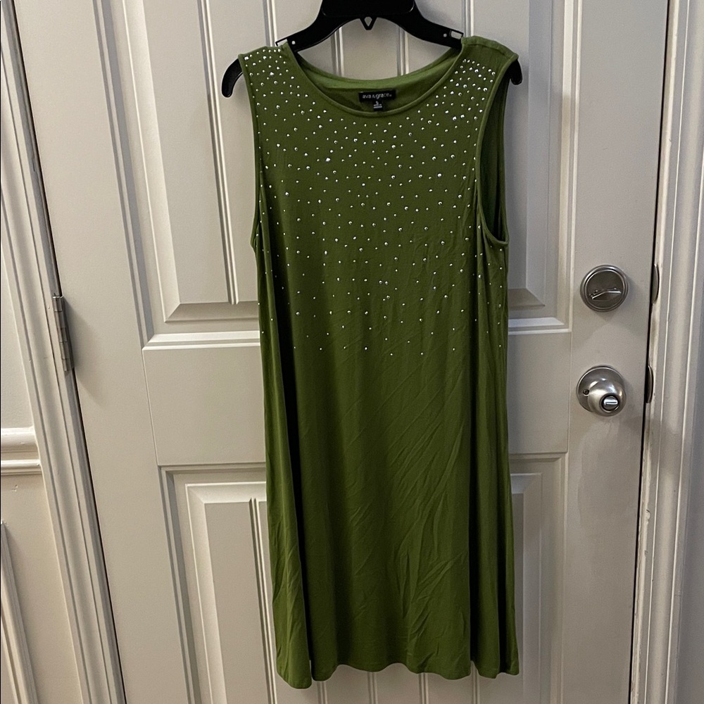 Ava & Grace Olive Green Sleeveless Rhinestone Midi Dress